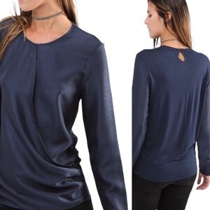 MANGO Wrap Pinstripe Drape Front Blouse With Long Sleeves Navy Blue Top Sz Small